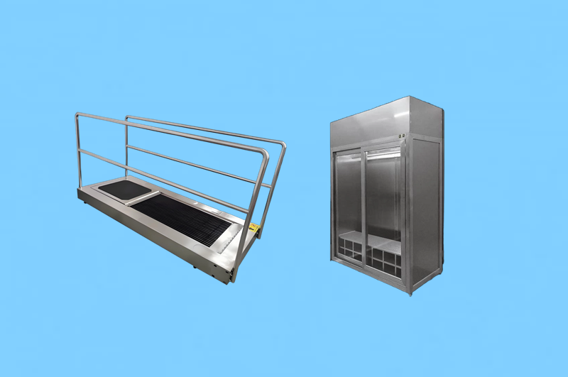Stainless steel cleanroom wardrobes for bunny suit storage and automatic shoe sole cleaning machine in gowning room. Dust-free furniture design.