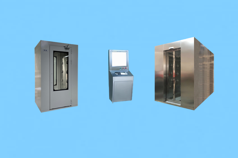 Cleanroom entry system featuring SUS304 Stainless Steel Air Shower Tunnel (25m/s jets) and Automatic Induction Hand Washer / Dryer.