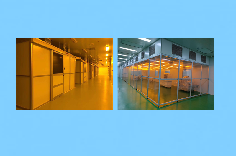 Customizable clean booth workstation showing independent FFU ceiling grid. Available in various wall materials to fit specific production machinery.