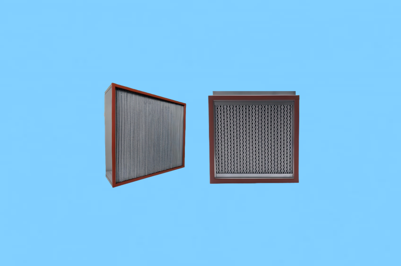 High-temperature HEPA filter (250&deg;C) with red silicone sealant and SUS304 stainless steel frame. H13/H14 grade for semiconductor drying ovens.