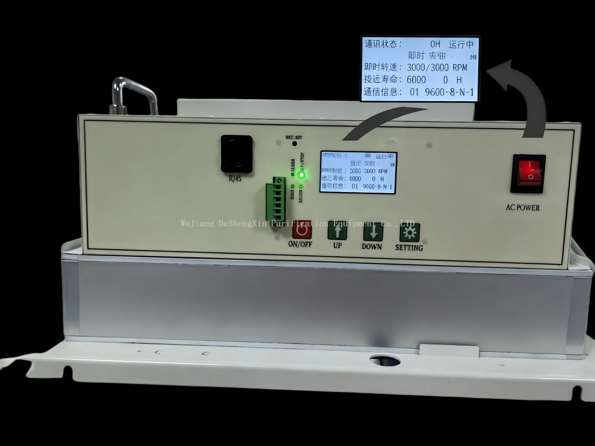 Deshengxin EFU (Equipment Fan Filter Unit) front-mounted LCD screen displaying all operating data in real time, including set and real-time fan RPM, remaining filter service life reminder, equipment communication address and running status, and fault alarm prompt. Equipped with ON/OFF, UP/DOWN speed, and SETTING buttons for fan speed adjustment, filter life reset, communication address configuration, and air volume calibration. The control program is independently developed by Deshengxin for semiconductor and electronics production line applications.