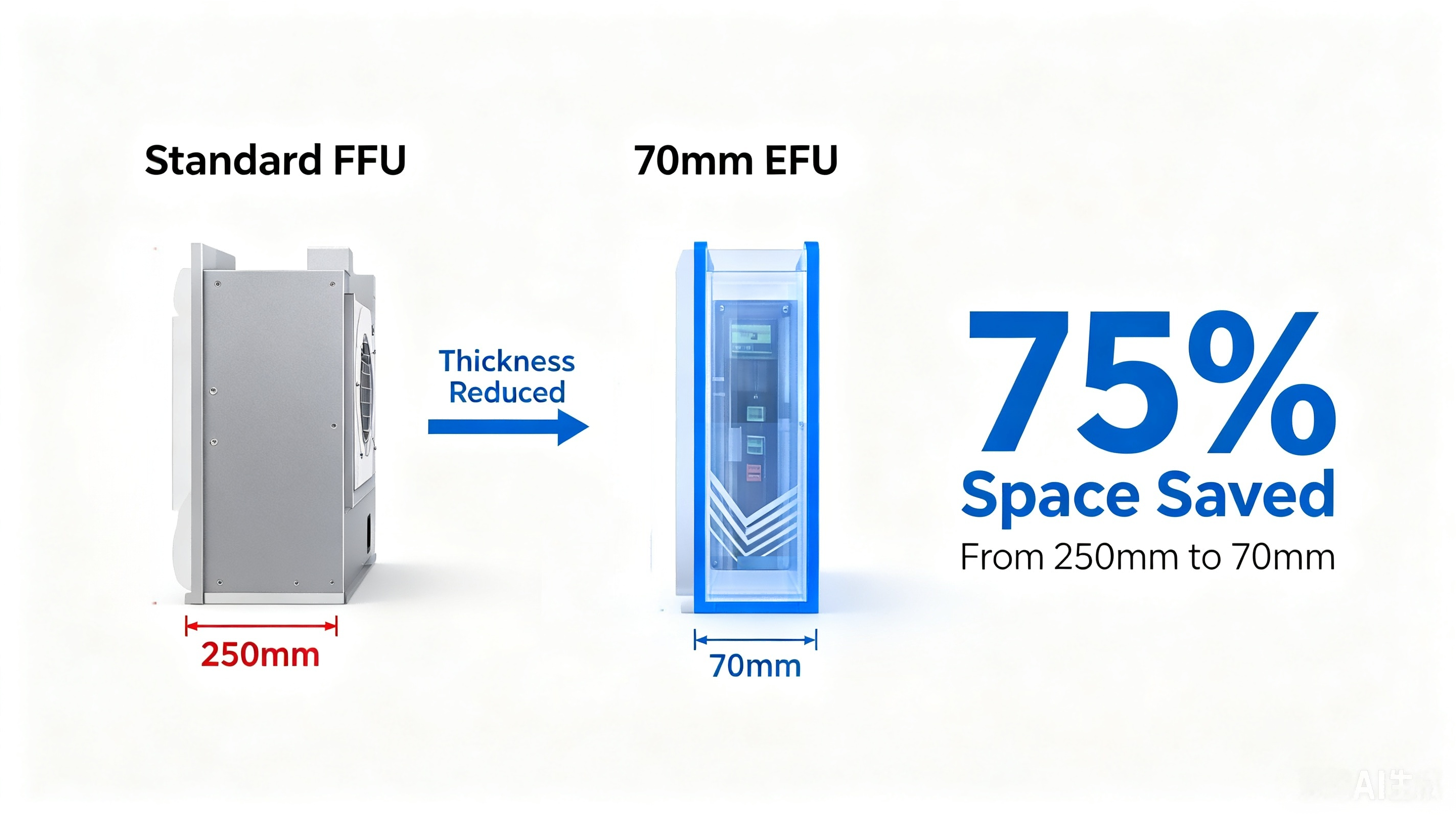 Қалыңдықты салыстыру: стандартты FFU 200-350 мм және Deshengxin 70 мм ультра жұқа EFU, жартылай өткізгіш жабдықты біріктіру үшін 75% кеңістікті үнемдеу және ~100 мм жалпы орнатылған қалыңдығын көрсетеді.