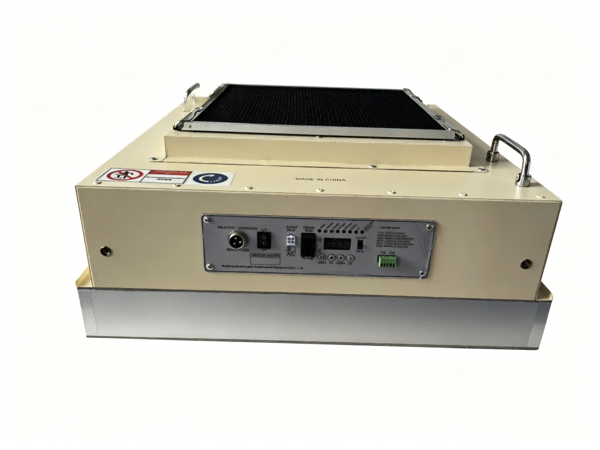 Deshengxin EFU modular design exploded view showing four independent replaceable modules – EC fan motor, HEPA/ULPA filter, intelligent control board and SPCC housing – enabling component-level replacement without full unit disposal for lower maintenance cost and extended equipment service life.